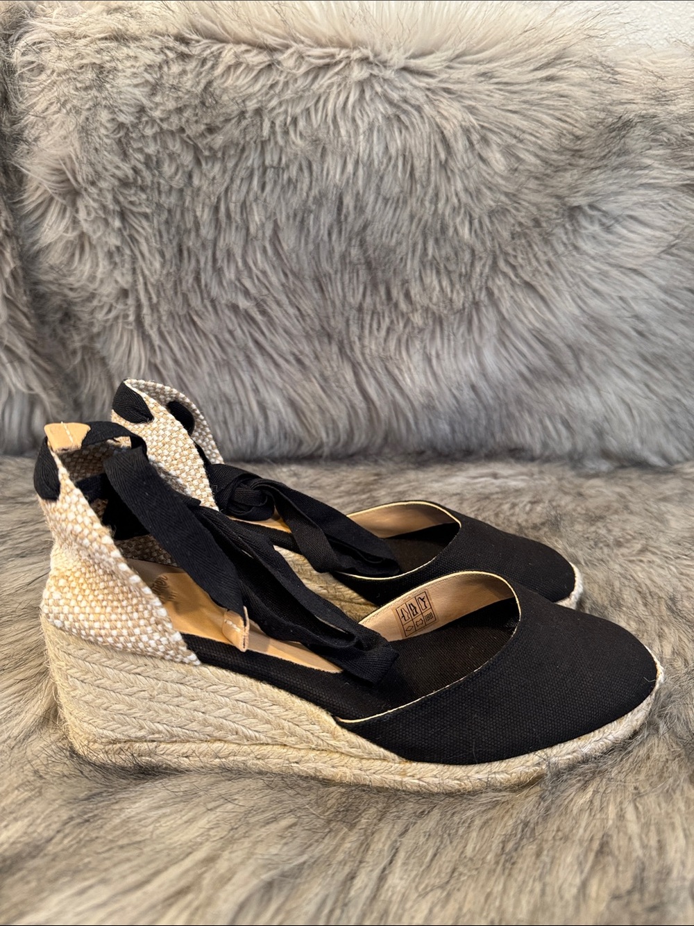 Castaner Black Espadrille Wedge Tie-Ankle Sandals Size 39